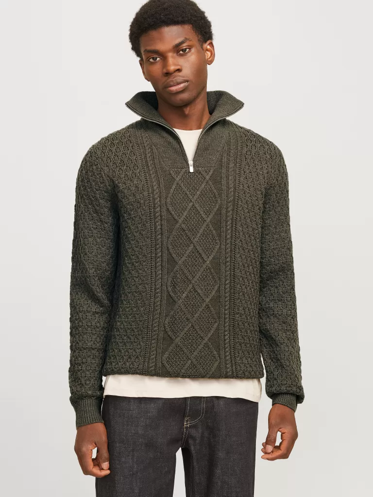 JACK & JONES Swetry^Gładki Krótki suwak Zielony