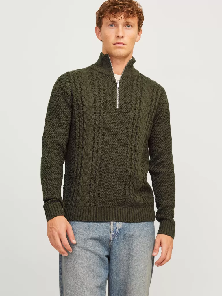JACK & JONES Swetry^Gładki Krótki suwak Zielony