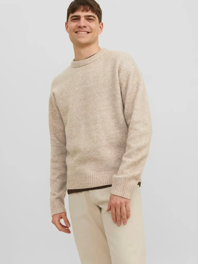 JACK & JONES Swetry^Gładki Sweter wkładany przez głowę Beżowy