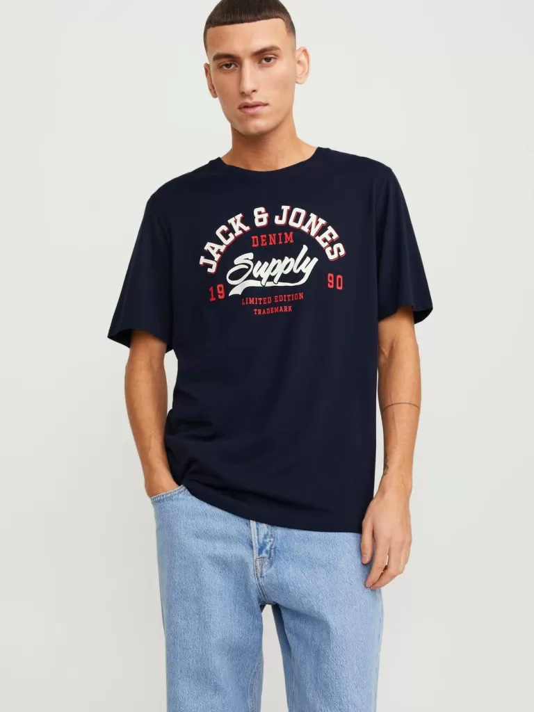 JACK & JONES Koszulki^Z logo Okrągły dekolt T-shirt Niebieski